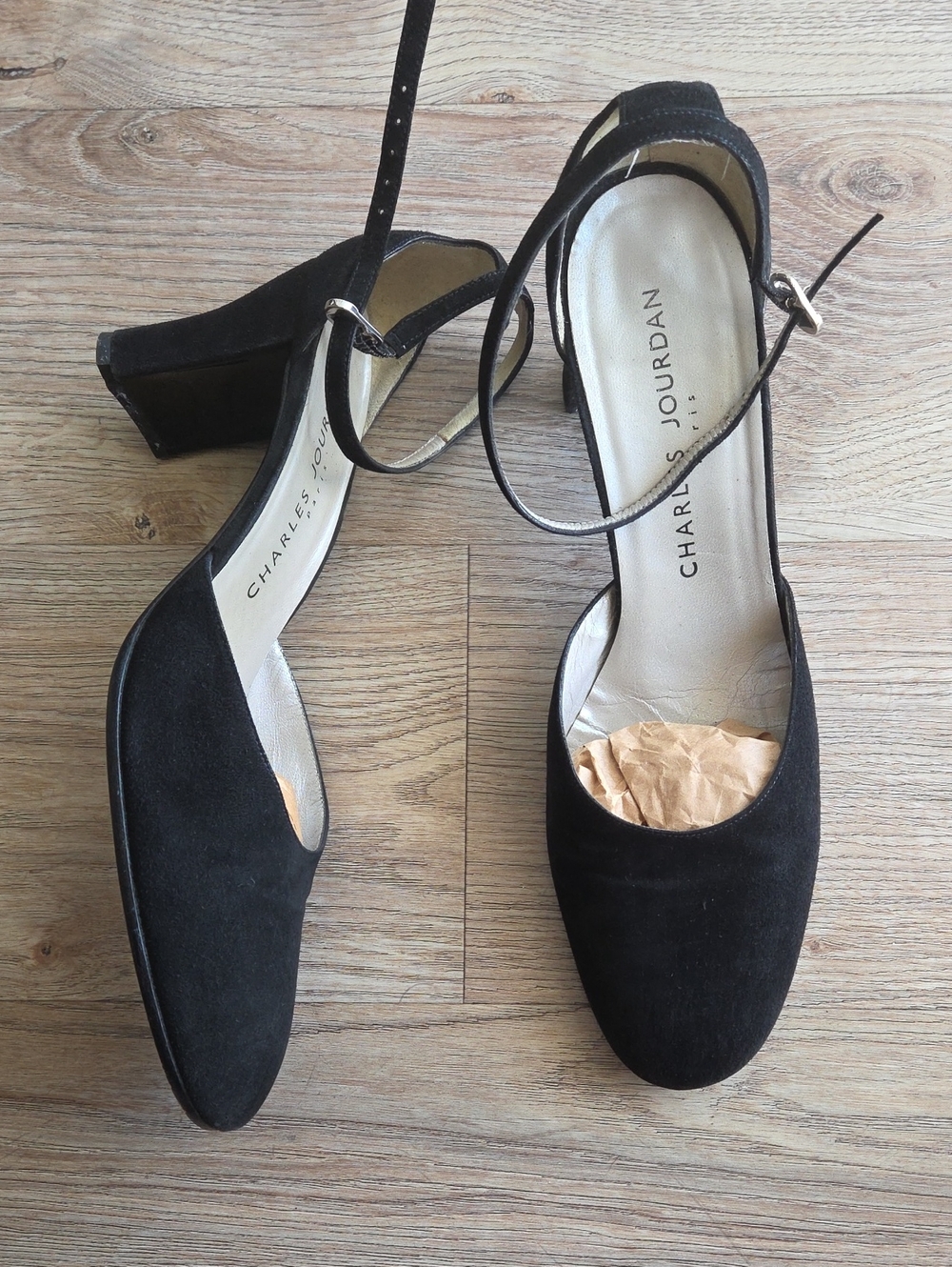 Charles Jourdan Black Suede Ankle-Strap Block Heels